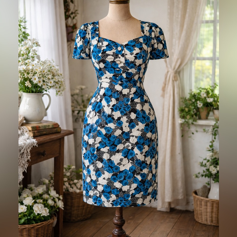 Vintage 1980s Designer Neiman Marcus Floral Silk, Blue, Black & White Dress